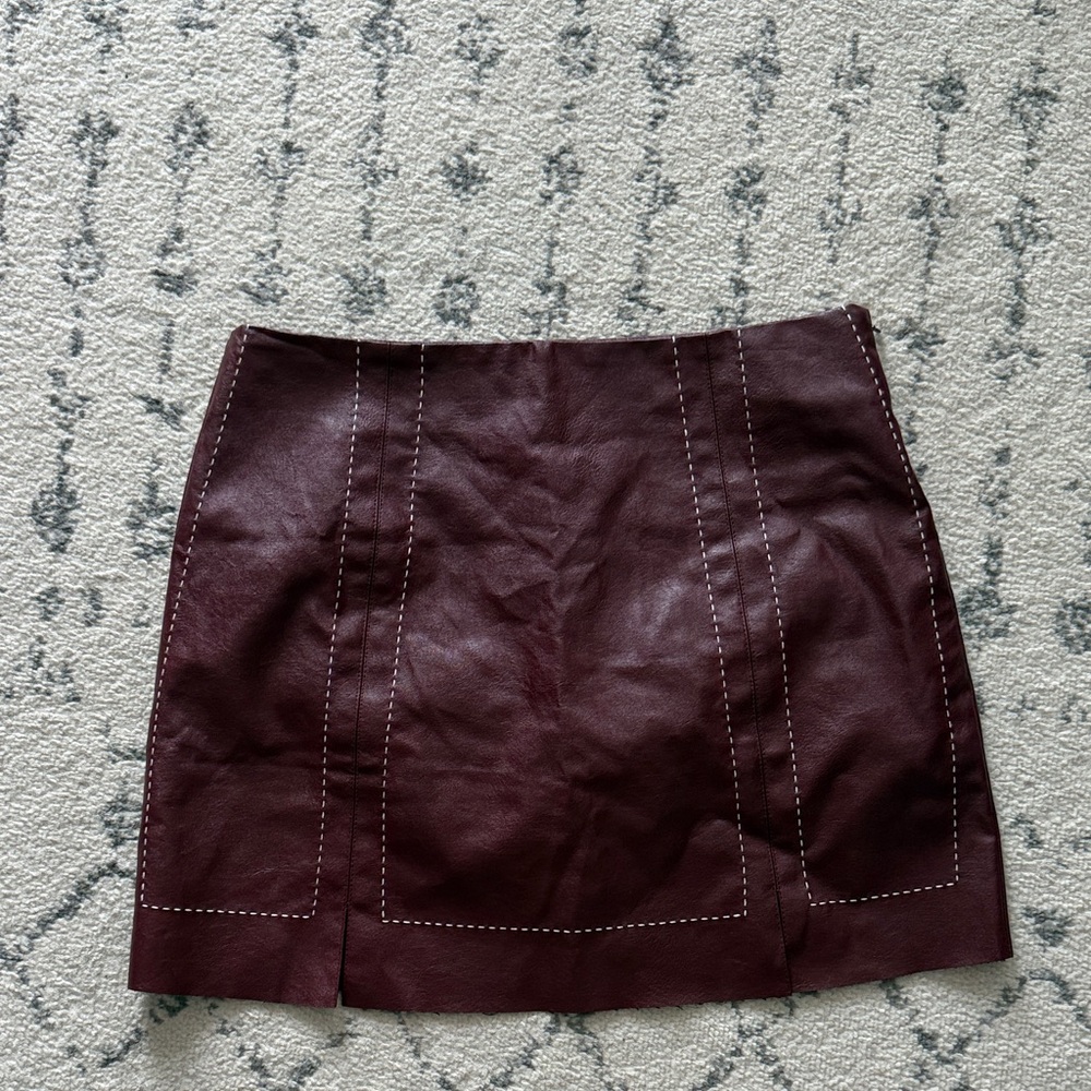 miami Faux Leather Mini Skirt in Deep Burgundy with Contrast Stitching
